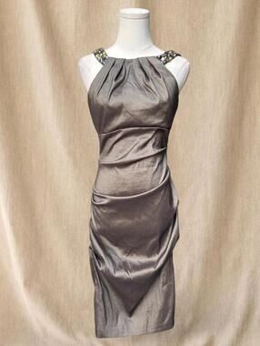 Cache metallic silver bodycon midi dress with beaded straps and ruched detailing